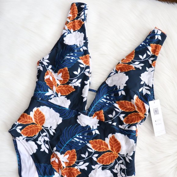 Blue Floral V Neck One Piece Swimsuit Sz L- Swim - Picture 3 of 7